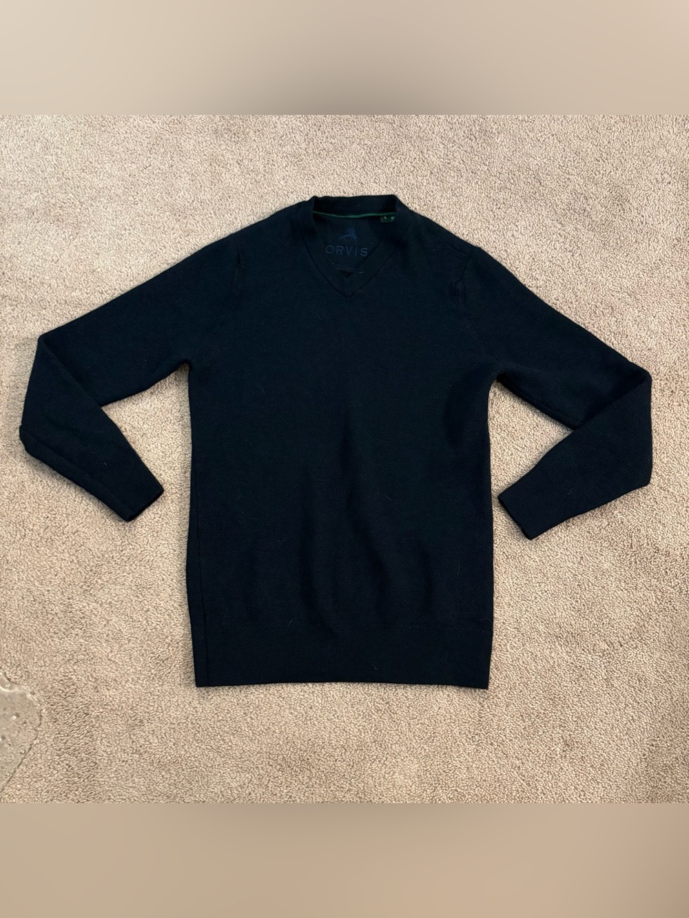 Orvis Men’s Merino Pique Navy Blue 100% Merino Wool V-Neck Sweater Size Small